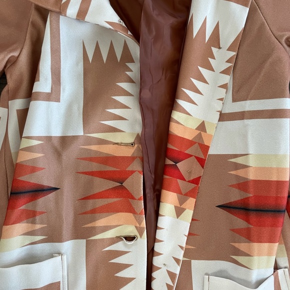 Boho Western Print Native Peacoat Camel Orange Jacket Oversized - Picture 8 of 9